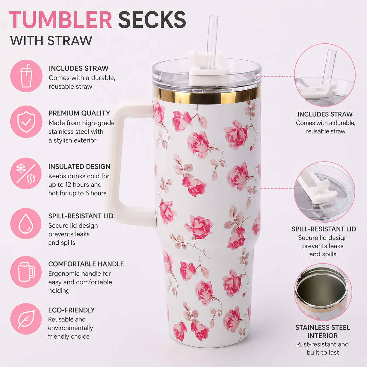 40oz Rose Floral Tumbler with Straw & Handle | Insulated Steel
