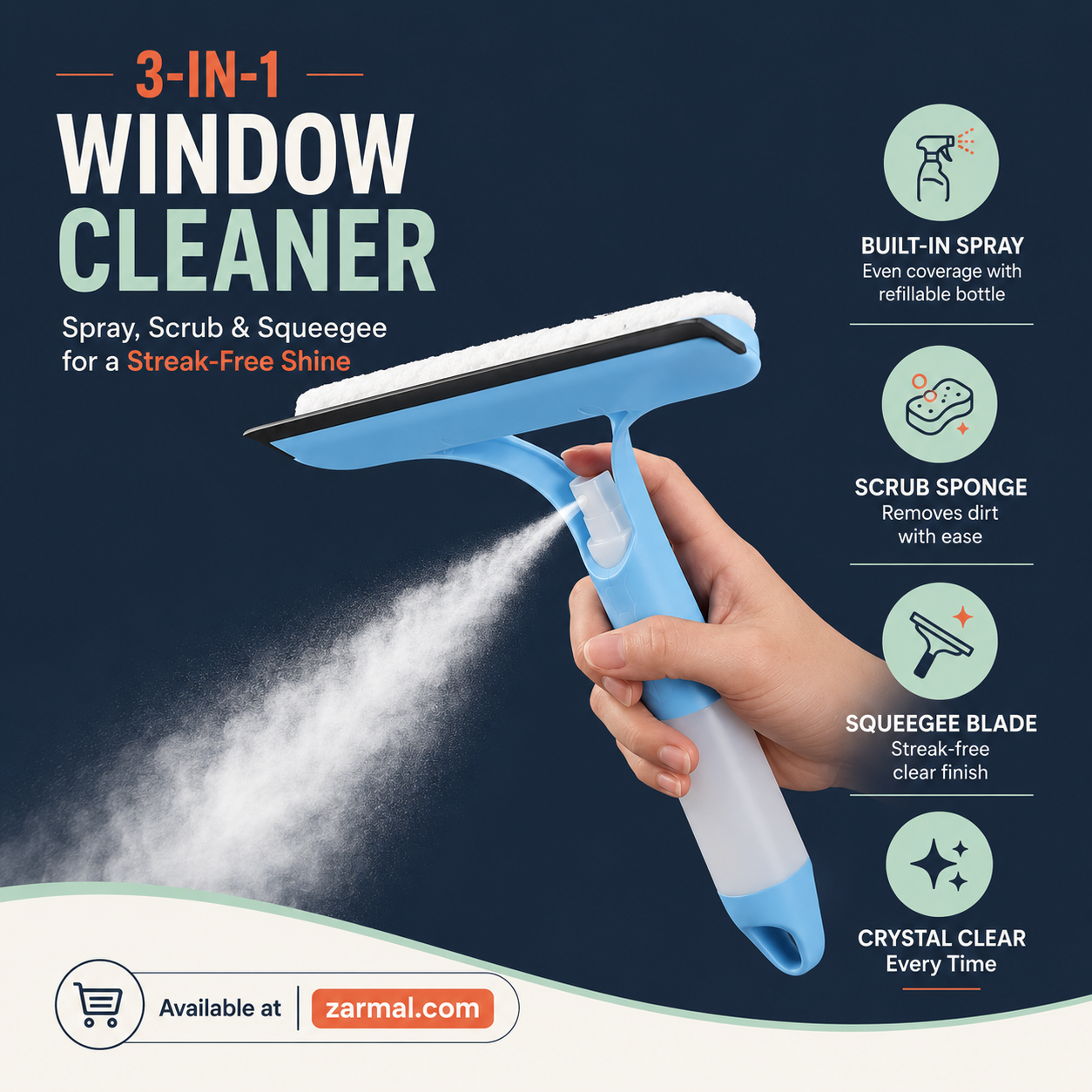 3-in-1 Spray Window Cleaner – Streak-Free Squeegee & Scrubber