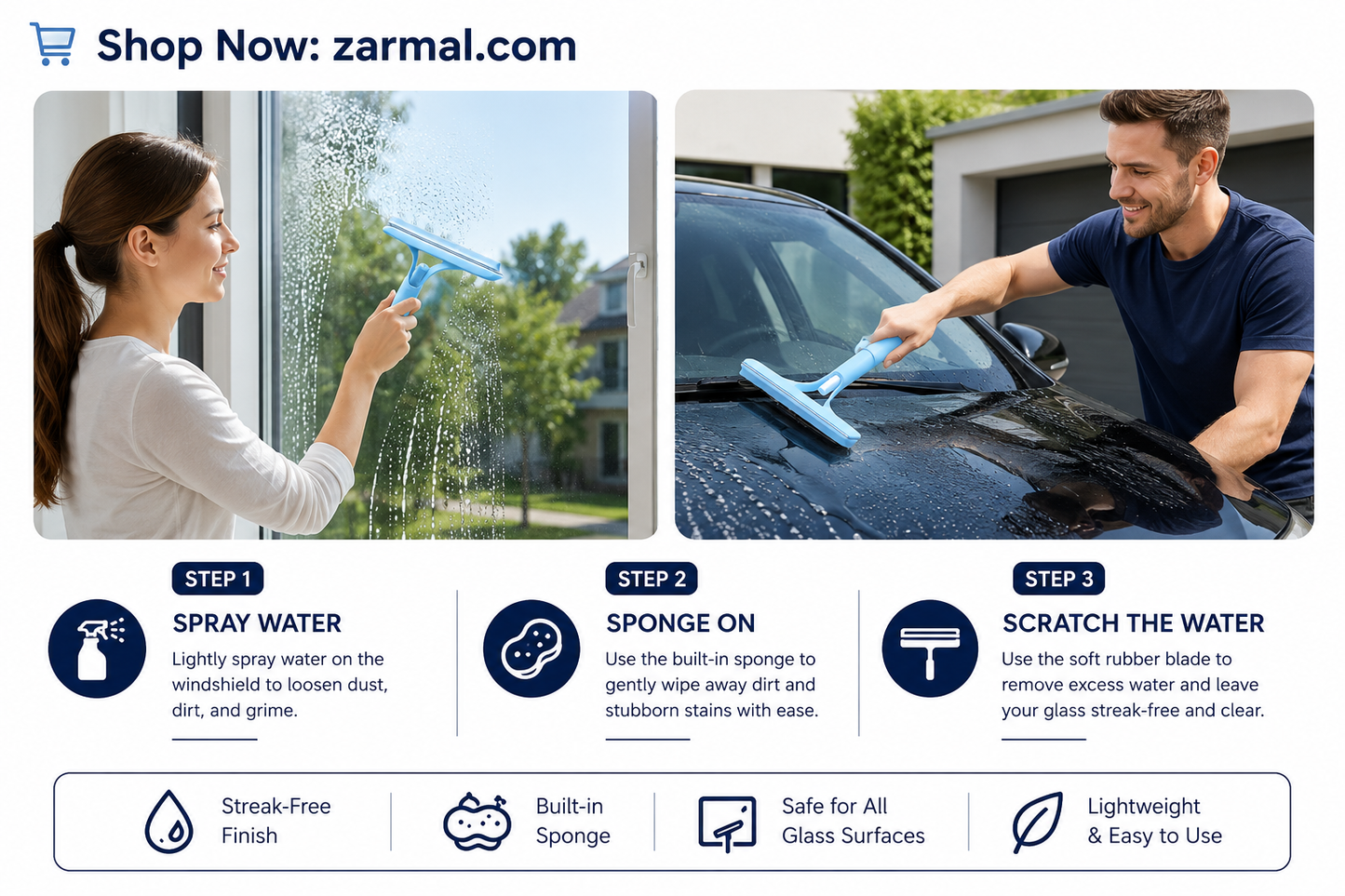 3-in-1 Spray Window Cleaner – Streak-Free Squeegee & Scrubber