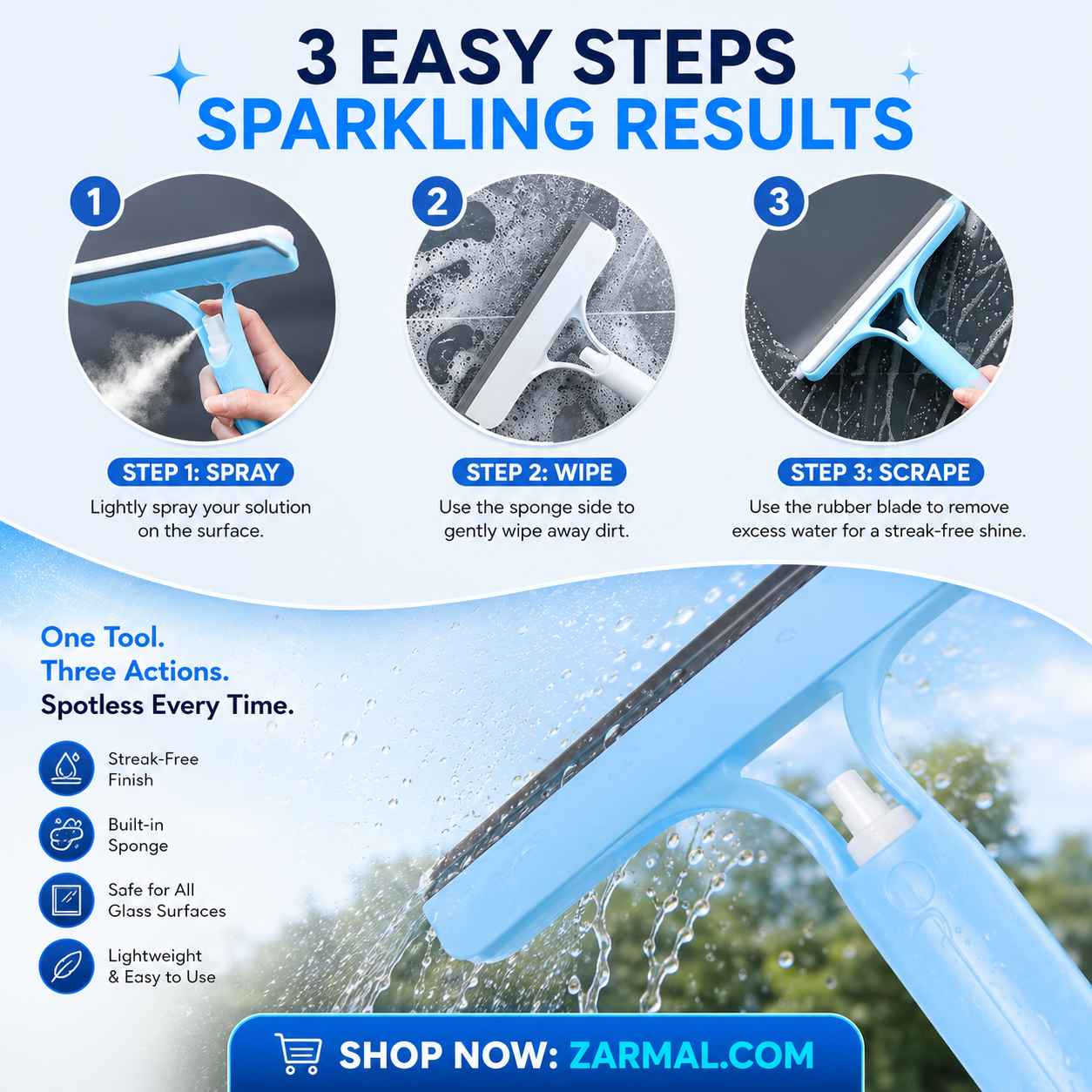 3-in-1 Spray Window Cleaner – Streak-Free Squeegee & Scrubber