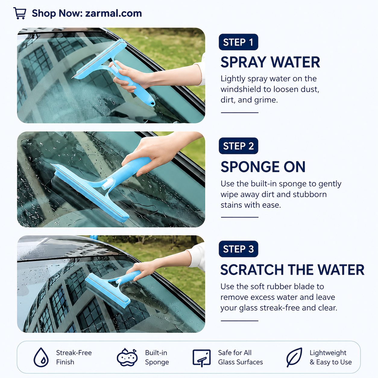 3-in-1 Spray Window Cleaner – Streak-Free Squeegee & Scrubber
