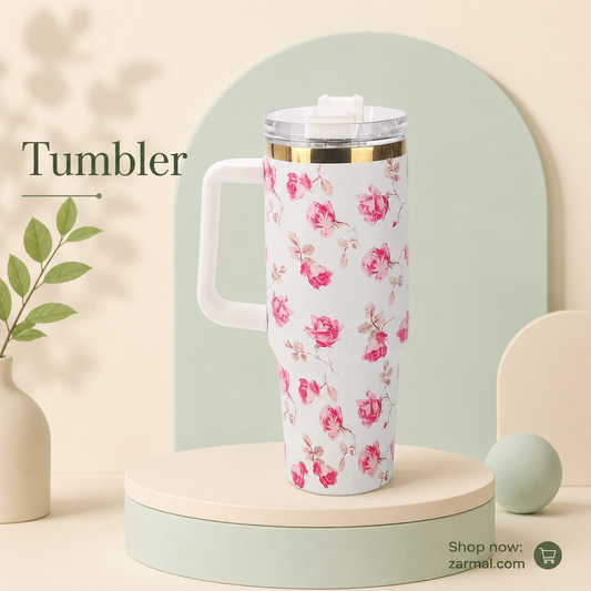 40oz Rose Floral Tumbler with Straw & Handle | Insulated Steel