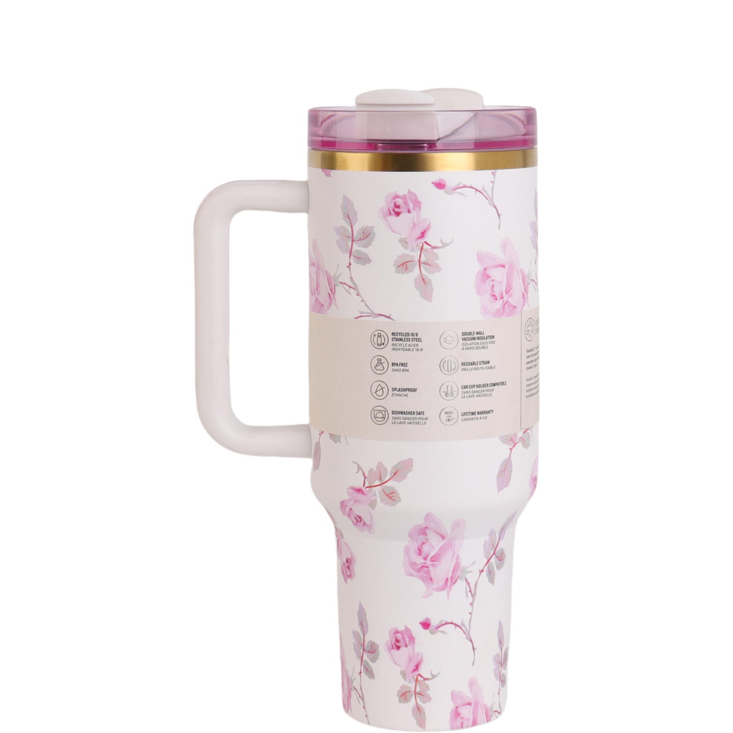40oz Rose Floral Tumbler with Straw & Handle | Insulated Steel