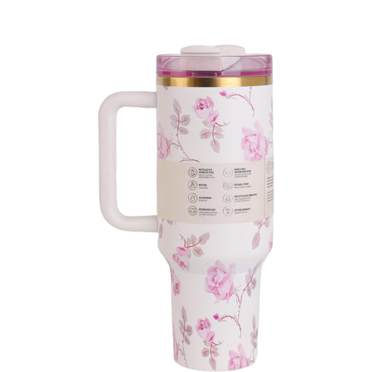 40oz Rose Floral Tumbler with Straw & Handle | Insulated Steel