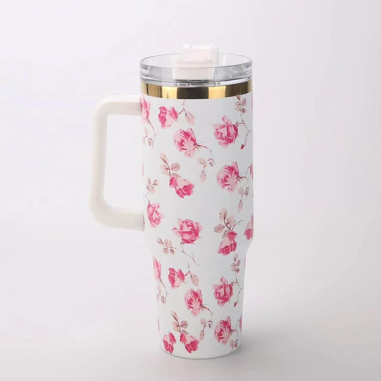 40oz Rose Floral Tumbler with Straw & Handle | Insulated Steel