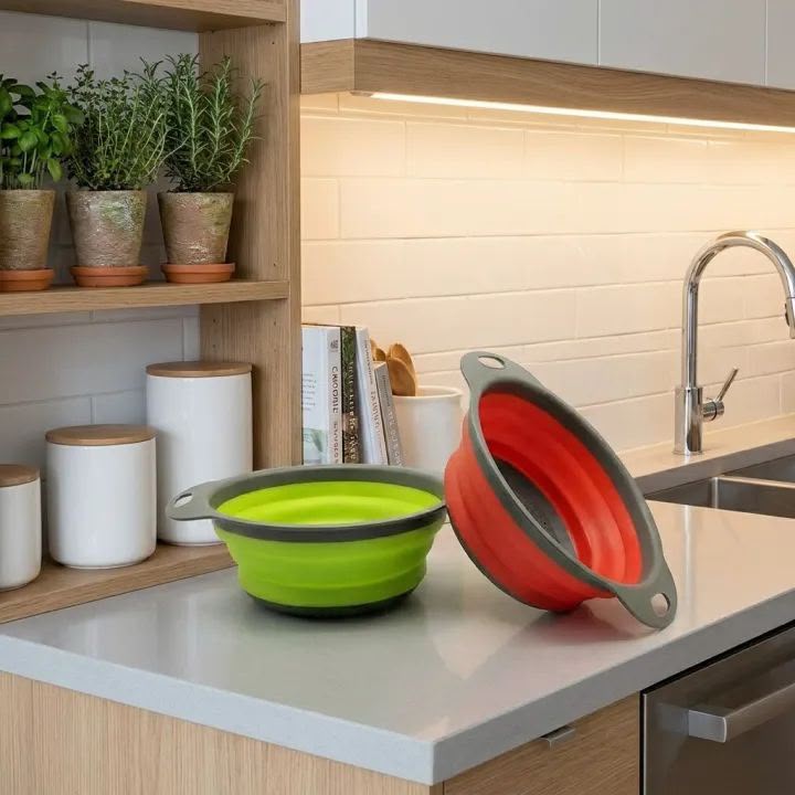 Foldable/ Collapsible Silicone  Strainer with Handle for Fruits, Vegetables & Pasta