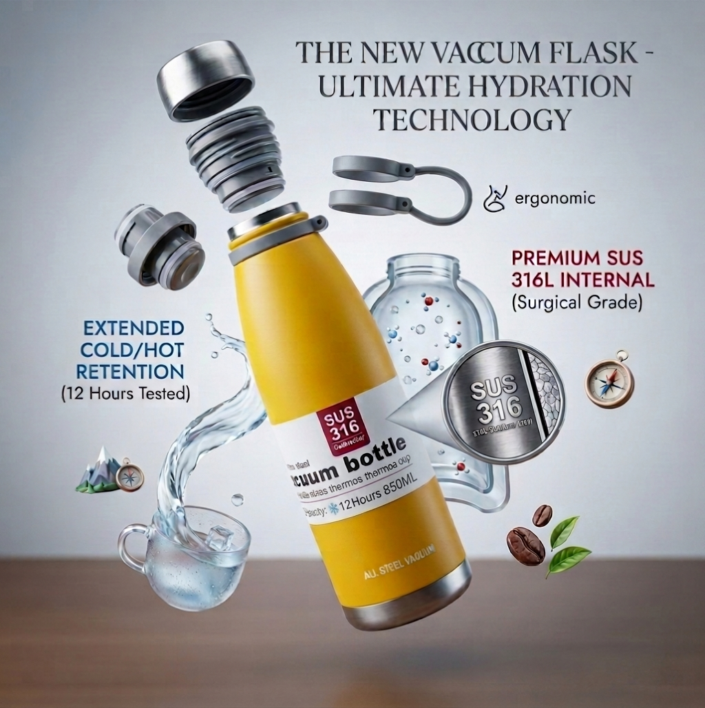 SUS 316 Stainless Steel Vacuum Insulated Water Bottle – 850ML | 15 Hours Cold & Hot | All Steel Thermos