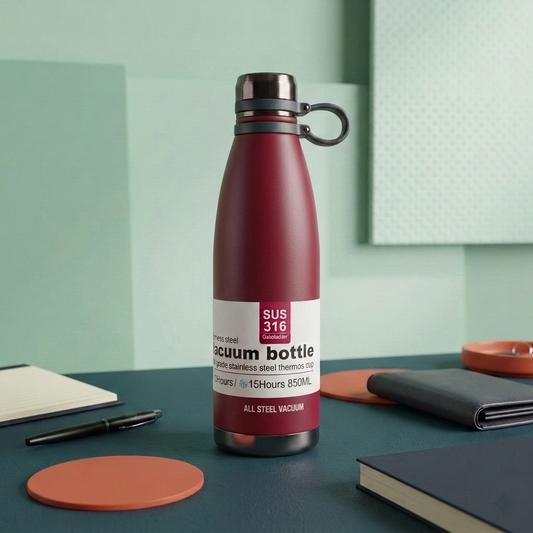 SUS 316 Vacuum Bottle — 850ML | Stays Hot & Cold 15 Hours | Matte Burgundy